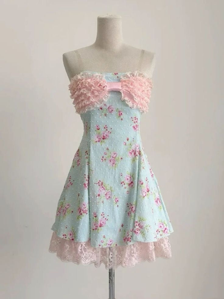 Sweet Light Blue Strapless Pink Ruffle Bow Floral Print A-Line Short Homecoming Dress Birthday Dress AS3243