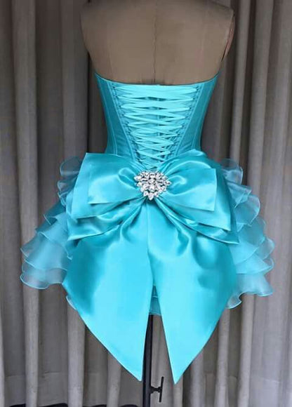 Stunning Turquoise Strapless Sweetheart Corset Rhinestone Waist Bow A Line Short Homecoming Dress Birthday Dress AS3246