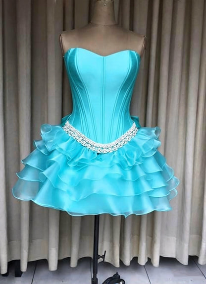 Stunning Turquoise Strapless Sweetheart Corset Rhinestone Waist Bow A Line Short Homecoming Dress Birthday Dress AS3246