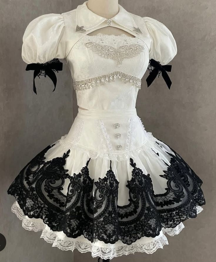 Gorgeous White Puff Short Sleeve Rhinestone Black Contrast Lace Bow A Line Lolita Short Homecoming Dress Birthday Dress AS3247
