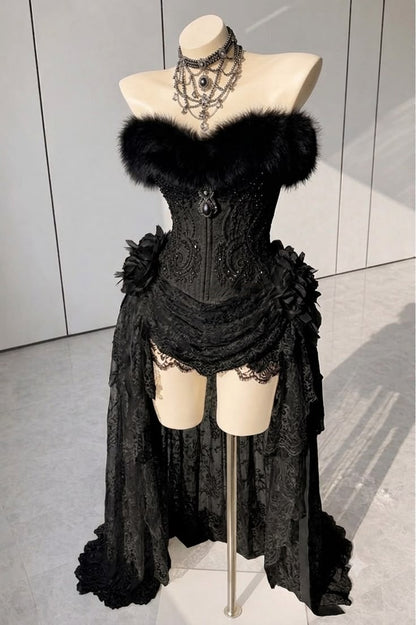 Luxury Red Strapless Fur Trim Beaded High Low Bodycon Birthday Party Dress Homecoming Dress AS3248