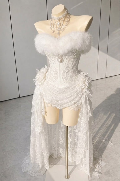 Luxury Red Strapless Fur Trim Beaded High Low Bodycon Birthday Party Dress Homecoming Dress AS3248