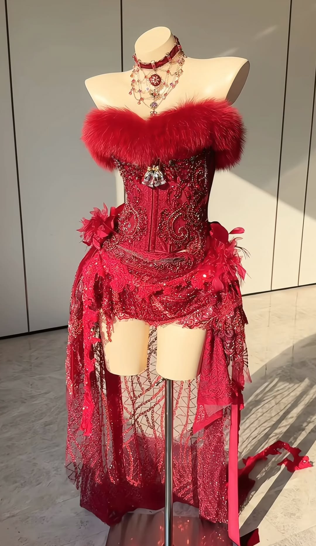 Luxury Red Strapless Fur Trim Beaded High Low Bodycon Birthday Party Dress Homecoming Dress AS3248