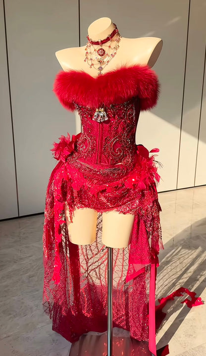 Luxury Red Strapless Fur Trim Beaded High Low Bodycon Birthday Party Dress Homecoming Dress AS3248