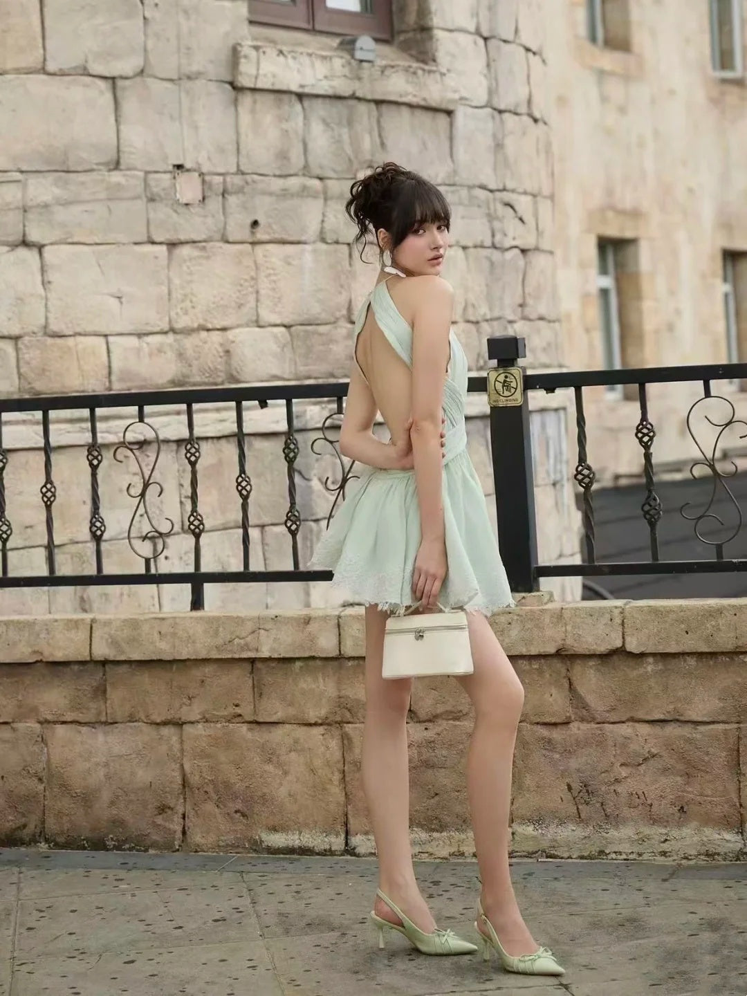 Airy Sage Green Halter Open Back Lace Hem A Line Short Homecoming Dress AS3251