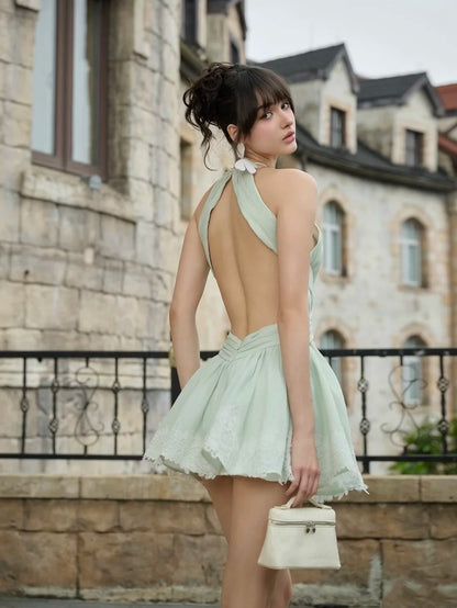 Airy Sage Green Halter Open Back Lace Hem A Line Short Homecoming Dress AS3251