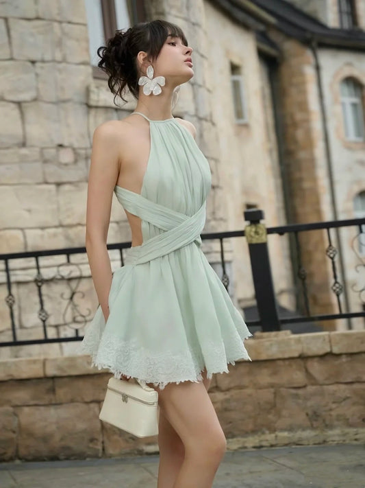 Airy Sage Green Halter Open Back Lace Hem A Line Short Homecoming Dress AS3251