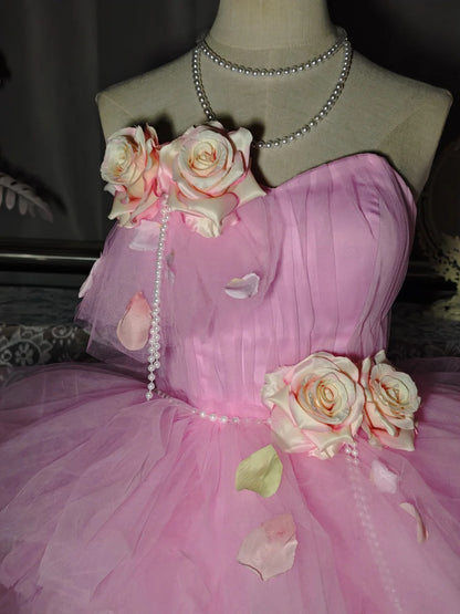 Romantic Pink Strapless Sweetheart 3D Floral Petal Appliques A Line Short Homecoming Dress With Detachable Train AS3252
