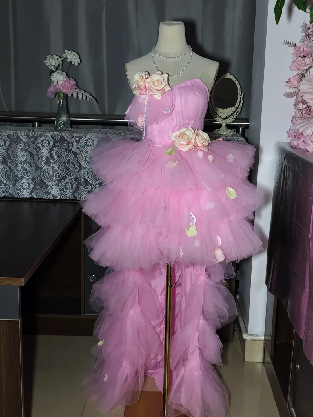 Romantic Pink Strapless Sweetheart 3D Floral Petal Appliques A Line Short Homecoming Dress With Detachable Train AS3252