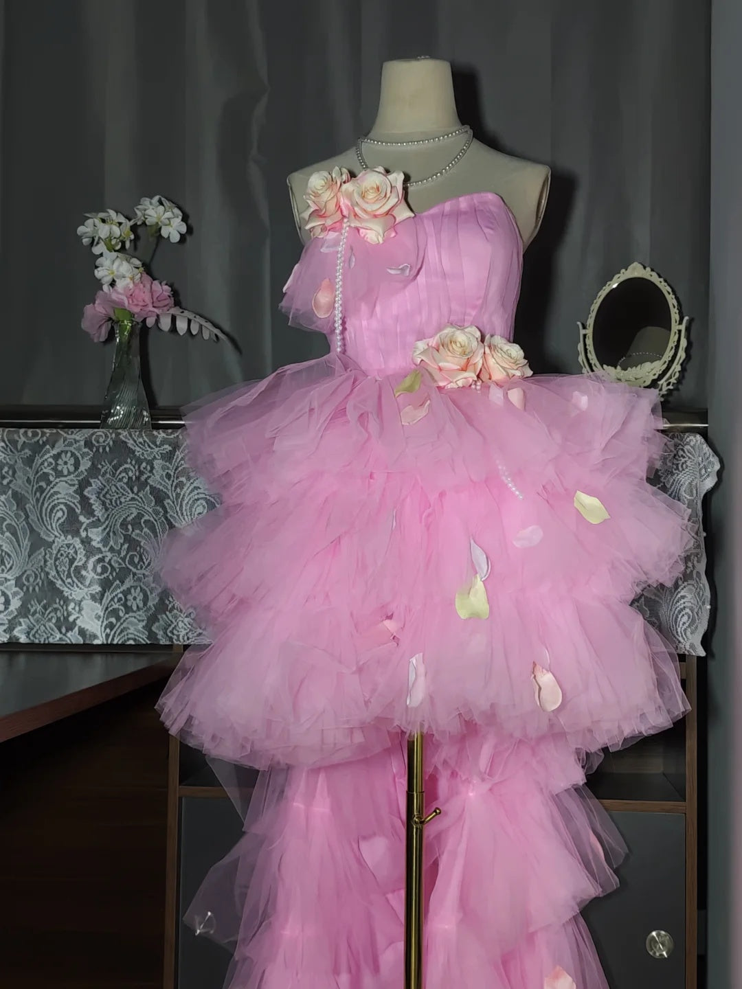 Romantic Pink Strapless Sweetheart 3D Floral Petal Appliques A Line Short Homecoming Dress With Detachable Train AS3252