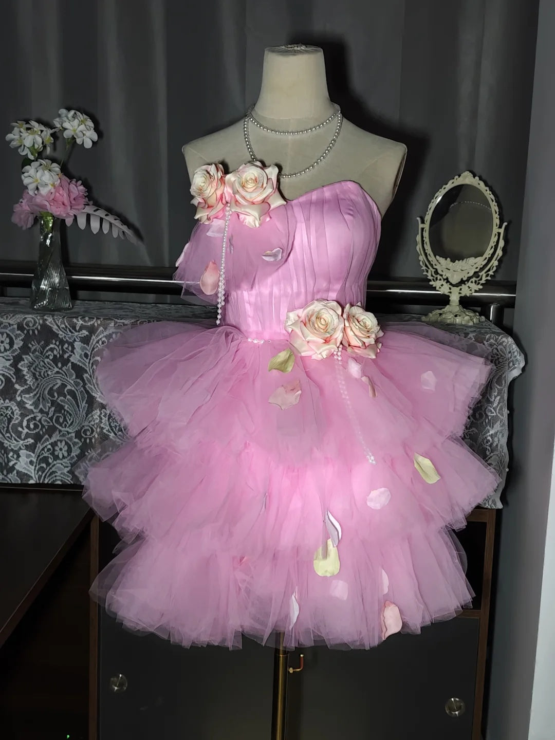 Romantic Pink Strapless Sweetheart 3D Floral Petal Appliques A Line Short Homecoming Dress With Detachable Train AS3252
