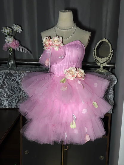 Romantic Pink Strapless Sweetheart 3D Floral Petal Appliques A Line Short Homecoming Dress With Detachable Train AS3252