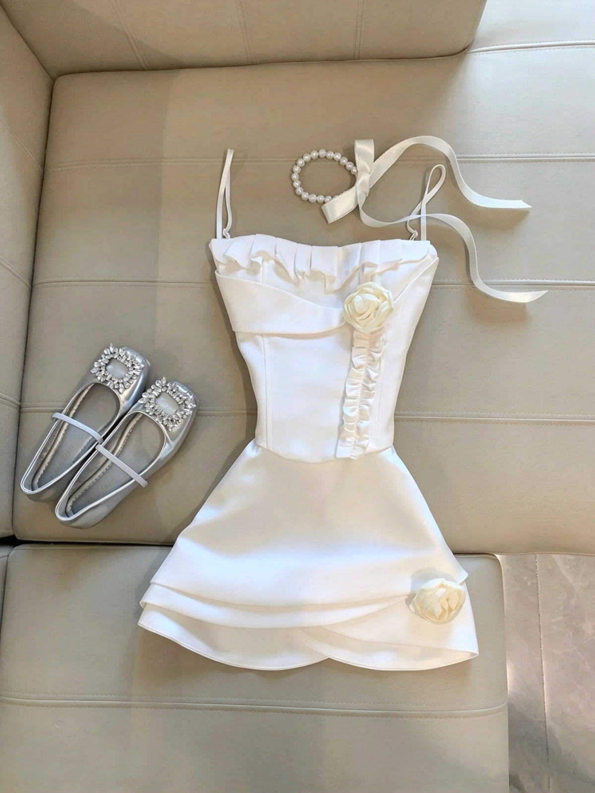 Charming White Spaghetti Straps 3D Floral A Line Short Homecoming Dress Birthday Dress AS3255