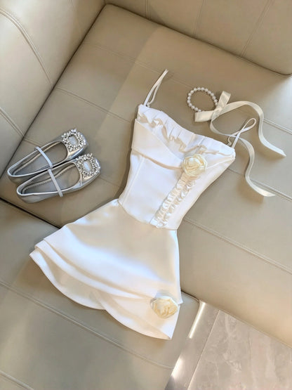 Charming White Spaghetti Straps 3D Floral A Line Short Homecoming Dress Birthday Dress AS3255