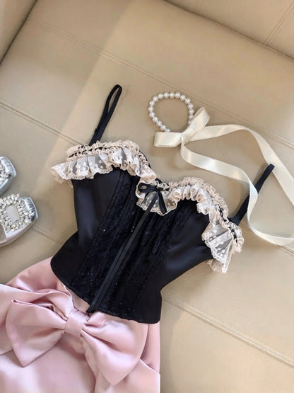 Chic Black Pink Spaghetti Straps Sweetheart Bow A Line Short Birthday Dress Homecoming Dress With Detachable Sleeves AS3256
