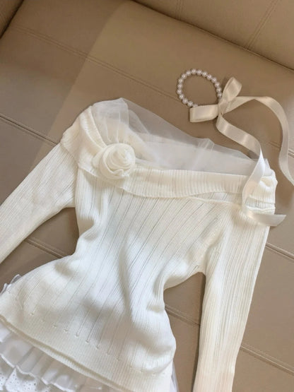 Dreamy White Off Shoulder Mesh 3D Rose A Line Short Homecoming Dress Birthday Dress AS3257