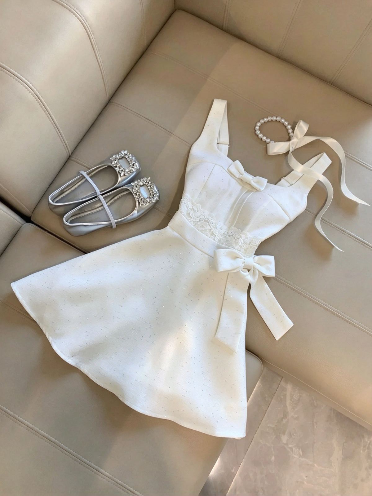 Delicate White Square Neck Sparkly Lace Bow A Line Short Homecoming Dress Birthday Dress With Jacket Set AS3258