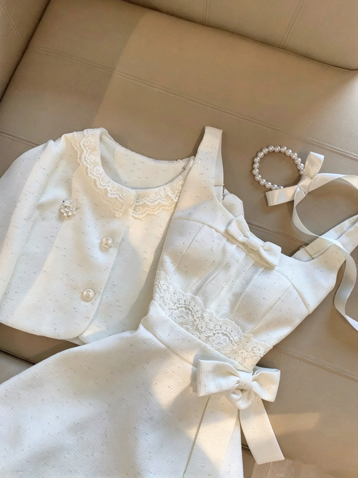 Delicate White Square Neck Sparkly Lace Bow A Line Short Homecoming Dress Birthday Dress With Jacket Set AS3258