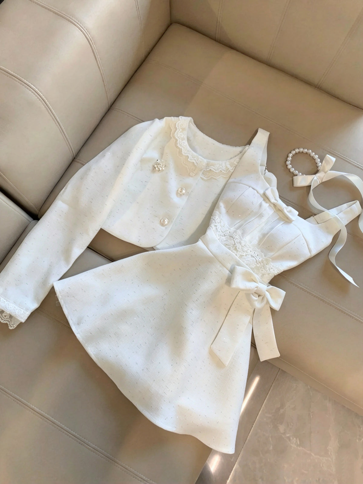 Delicate White Square Neck Sparkly Lace Bow A Line Short Homecoming Dress Birthday Dress With Jacket Set AS3258