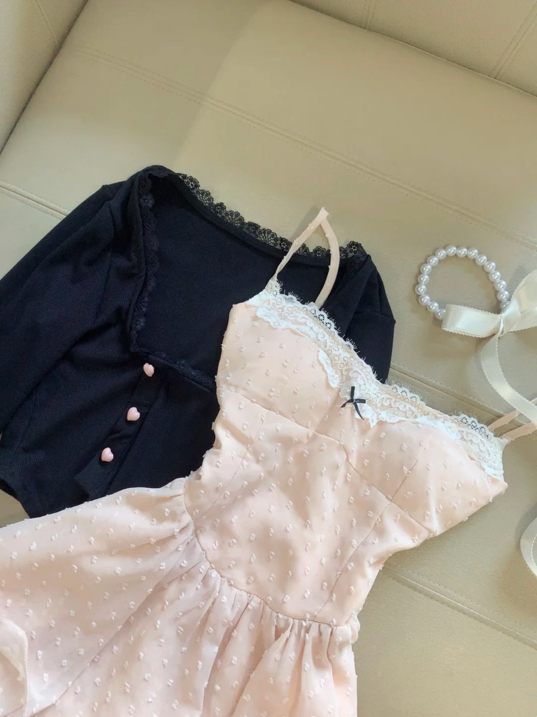 Sweet Blush Pink Spaghetti Straps Dot Lace Bow A Line Short Homecoming Dress Birthday Dress With Black Shrug Set AS3259