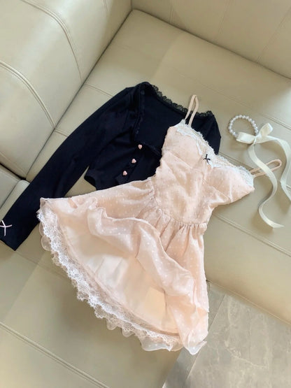 Sweet Blush Pink Spaghetti Straps Dot Lace Bow A Line Short Homecoming Dress Birthday Dress With Black Shrug Set AS3259
