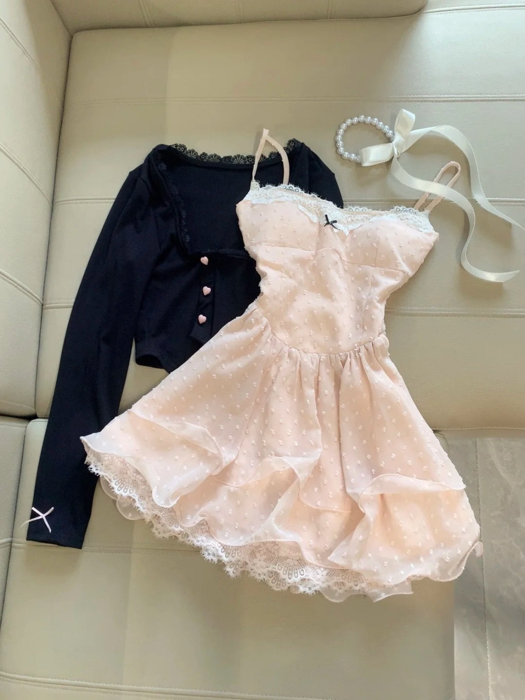 Sweet Blush Pink Spaghetti Straps Dot Lace Bow A Line Short Homecoming Dress Birthday Dress With Black Shrug Set AS3259