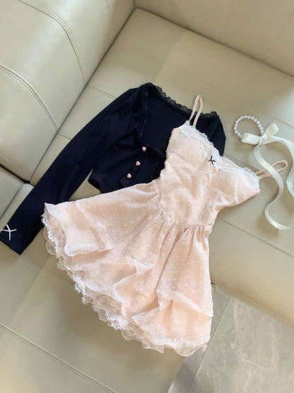 Sweet Blush Pink Spaghetti Straps Dot Lace Bow A Line Short Homecoming Dress Birthday Dress With Black Shrug Set AS3259