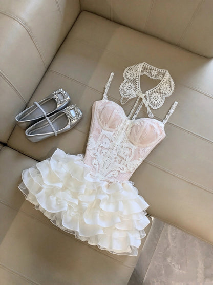 Romantic Pink White Lace Spaghetti Straps Sweetheart Corset A Line Short Homecoming Dress Birthday Dress With Shrug Set AS3260