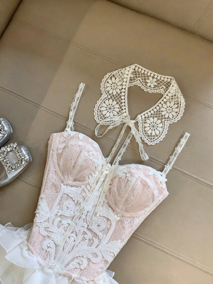 Romantic Pink White Lace Spaghetti Straps Sweetheart Corset A Line Short Homecoming Dress Birthday Dress With Shrug Set AS3260