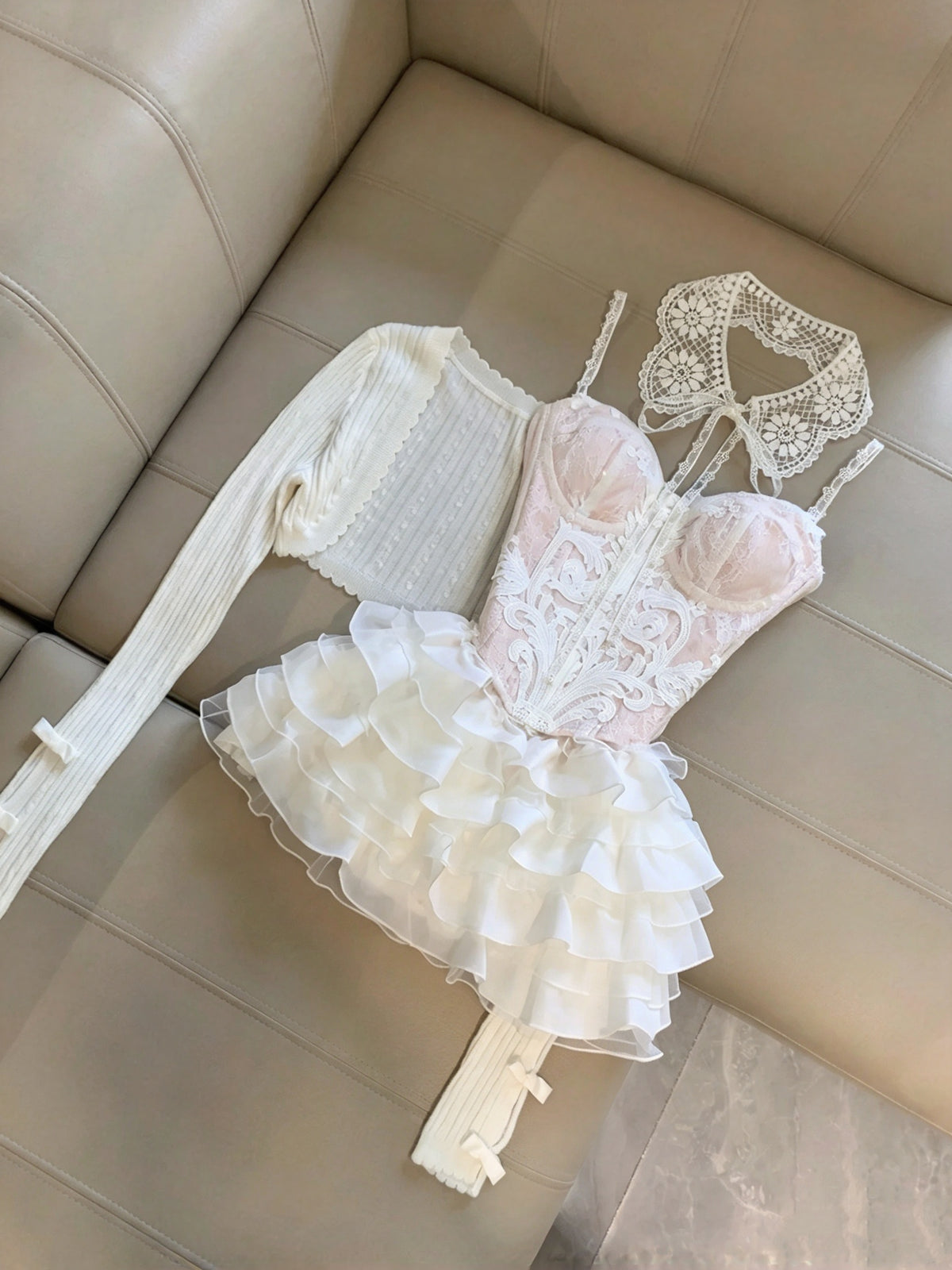 Romantic Pink White Lace Spaghetti Straps Sweetheart Corset A Line Short Homecoming Dress Birthday Dress With Shrug Set AS3260