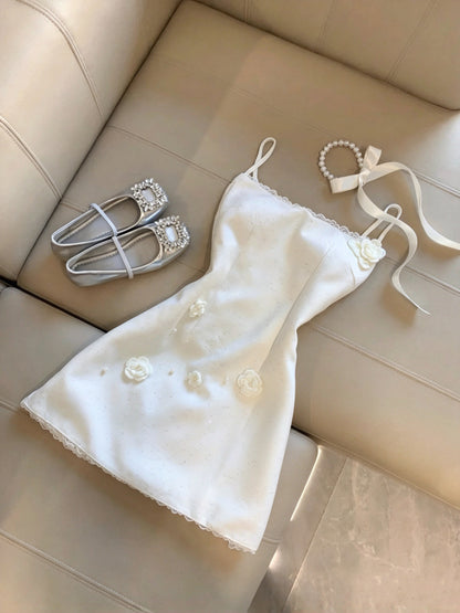 Elegant White Spaghetti Straps 3D Floral Pearl A Line Short Homecoming Dress Birthday Dress With Lace Trim Shrug Set AS3261