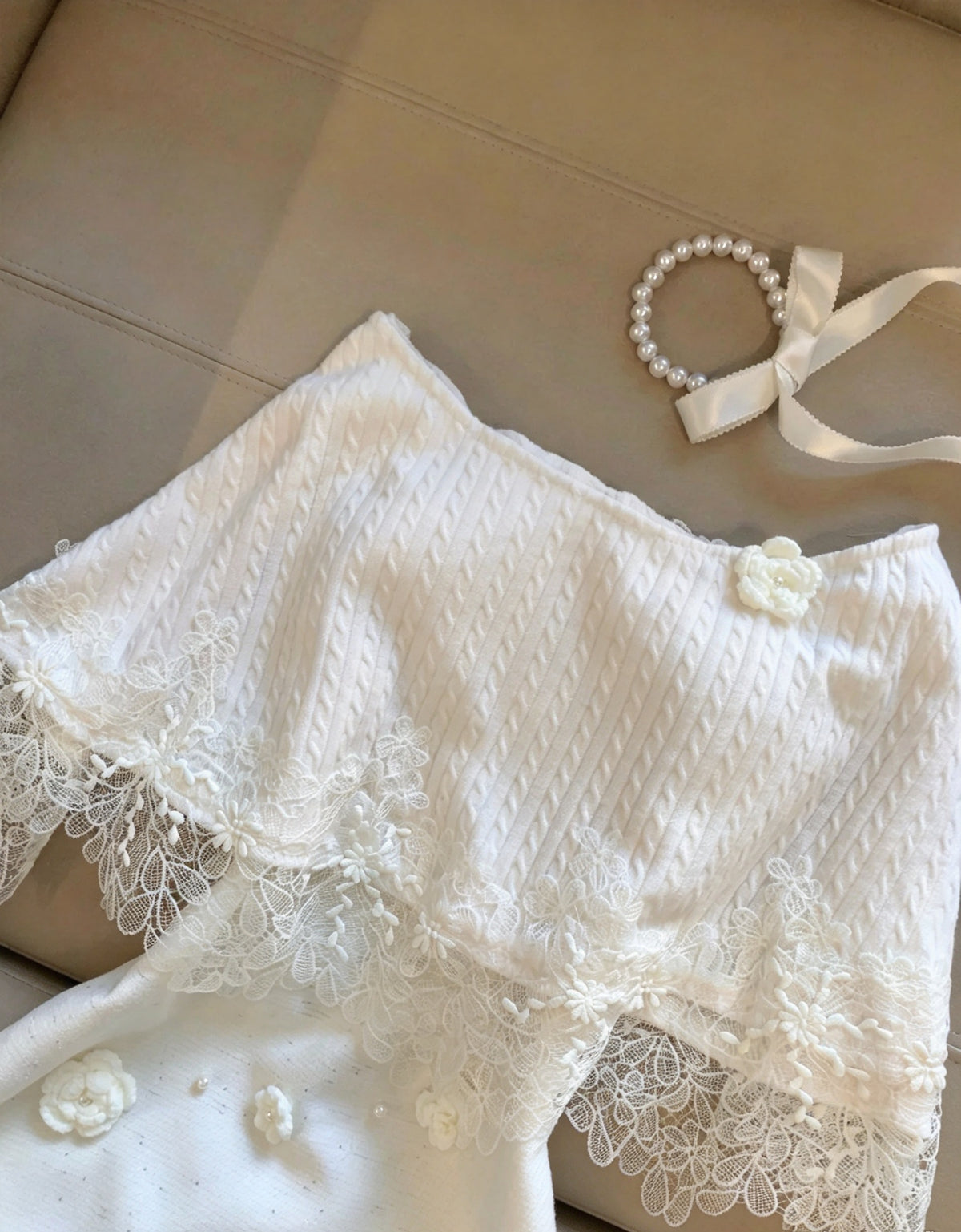 Elegant White Spaghetti Straps 3D Floral Pearl A Line Short Homecoming Dress Birthday Dress With Lace Trim Shrug Set AS3261