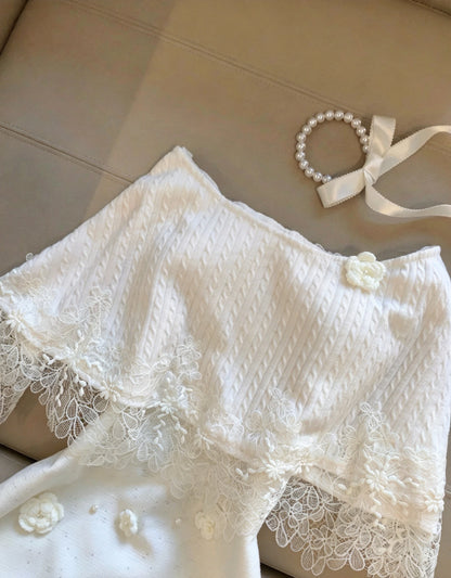 Elegant White Spaghetti Straps 3D Floral Pearl A Line Short Homecoming Dress Birthday Dress With Lace Trim Shrug Set AS3261