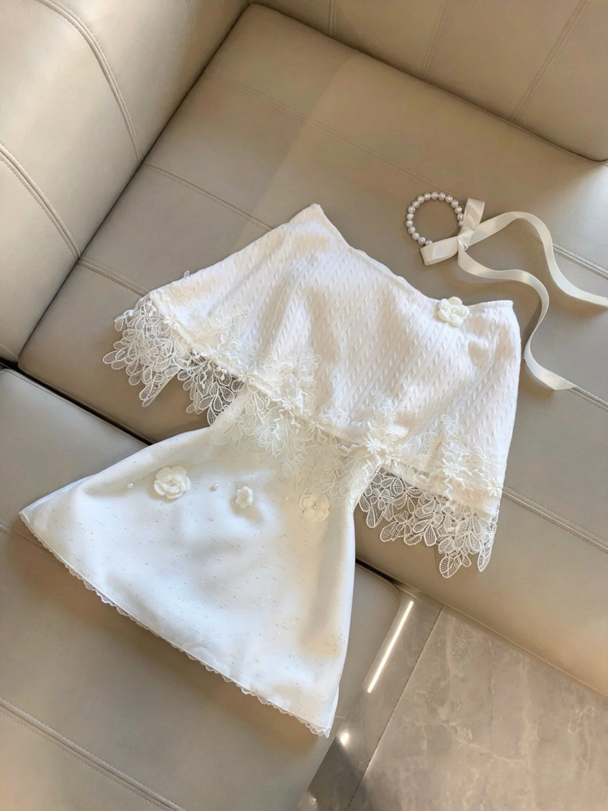Elegant White Spaghetti Straps 3D Floral Pearl A Line Short Homecoming Dress Birthday Dress With Lace Trim Shrug Set AS3261
