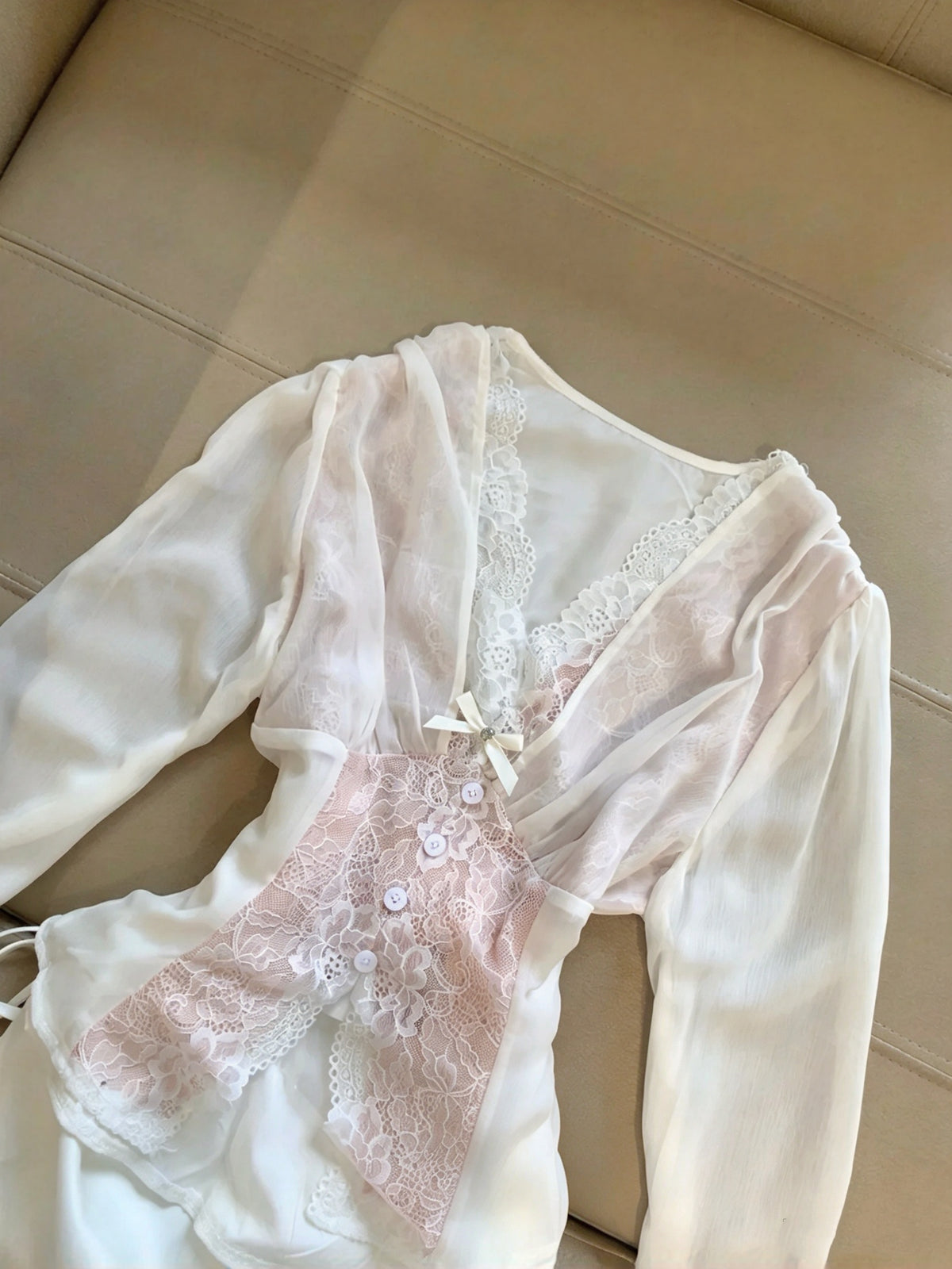Romantic Pink White V-Neck Long Sleeve Lace Bow A Line Short Homecoming Dress Birthday Dress AS3262