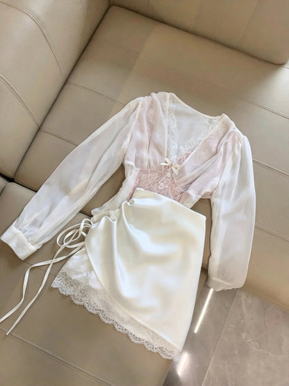 Romantic Pink White V-Neck Long Sleeve Lace Bow A Line Short Homecoming Dress Birthday Dress AS3262