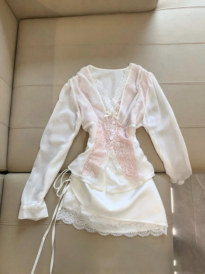 Romantic Pink White V-Neck Long Sleeve Lace Bow A Line Short Homecoming Dress Birthday Dress AS3262