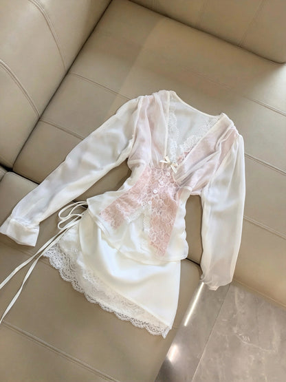 Romantic Pink White V-Neck Long Sleeve Lace Bow A Line Short Homecoming Dress Birthday Dress AS3262