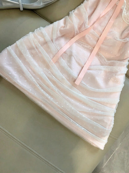 Sweet Pink Off Shoulder Lace Ruffle Bow Swiss Dot Ruched Bodycon Short Homecoming Dress Birthday Dress AS3263