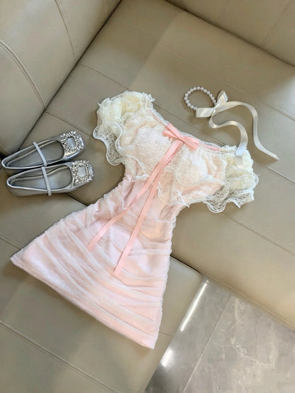 Sweet Pink Off Shoulder Lace Ruffle Bow Swiss Dot Ruched Bodycon Short Homecoming Dress Birthday Dress AS3263