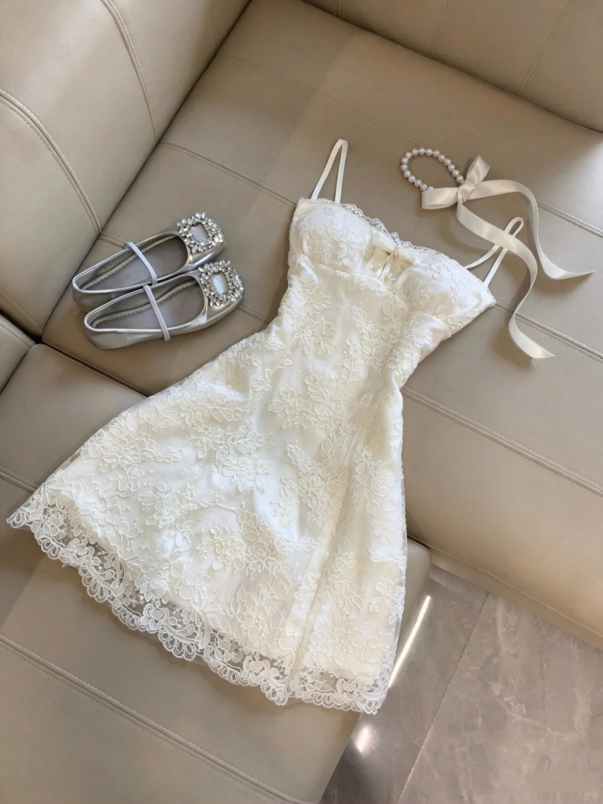 Ethereal White Spaghetti Straps Floral Lace Bow A-Line Short Homecoming Dress Birthday Dress With Knit Cardigan Set AS3264