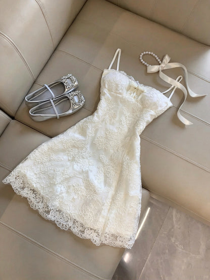 Ethereal White Spaghetti Straps Floral Lace Bow A-Line Short Homecoming Dress Birthday Dress With Knit Cardigan Set AS3264
