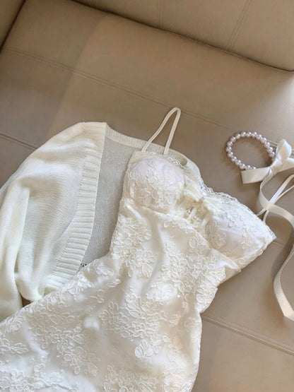 Ethereal White Spaghetti Straps Floral Lace Bow A-Line Short Homecoming Dress Birthday Dress With Knit Cardigan Set AS3264