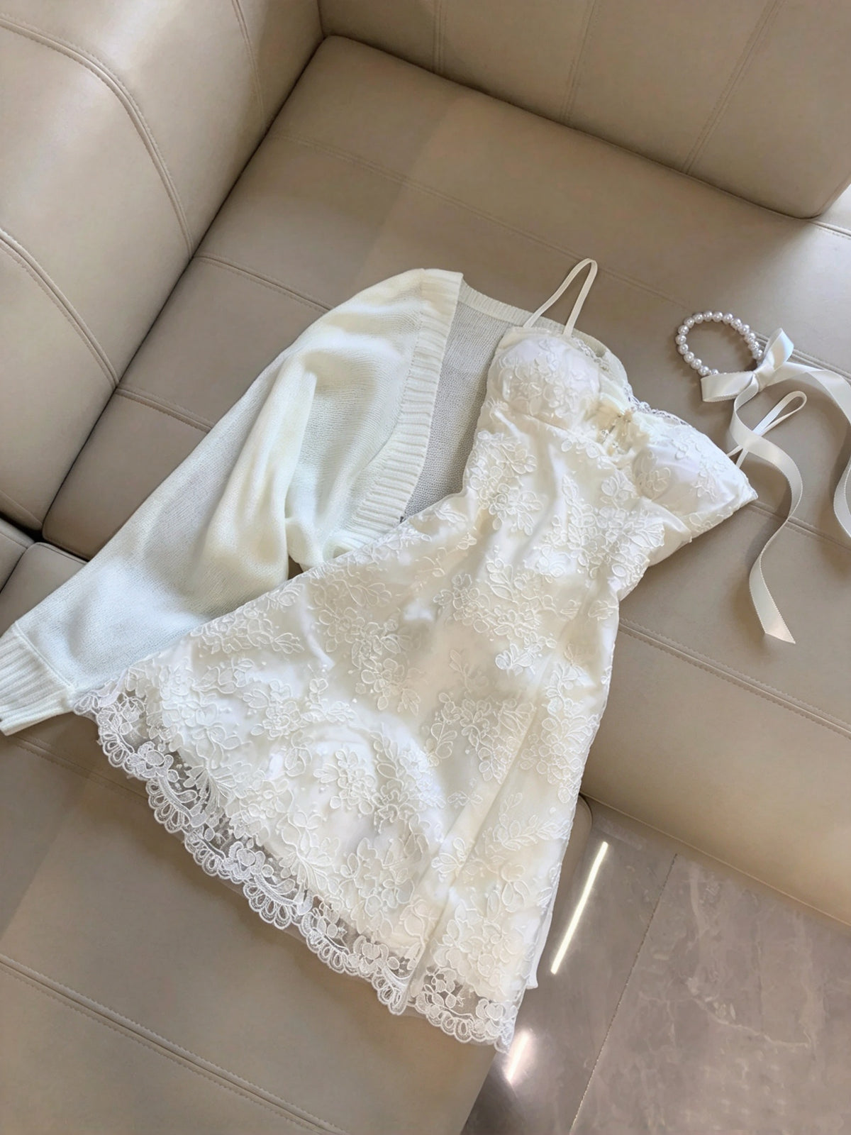 Ethereal White Spaghetti Straps Floral Lace Bow A-Line Short Homecoming Dress Birthday Dress With Knit Cardigan Set AS3264