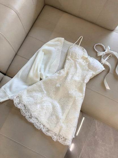 Ethereal White Spaghetti Straps Floral Lace Bow A-Line Short Homecoming Dress Birthday Dress With Knit Cardigan Set AS3264