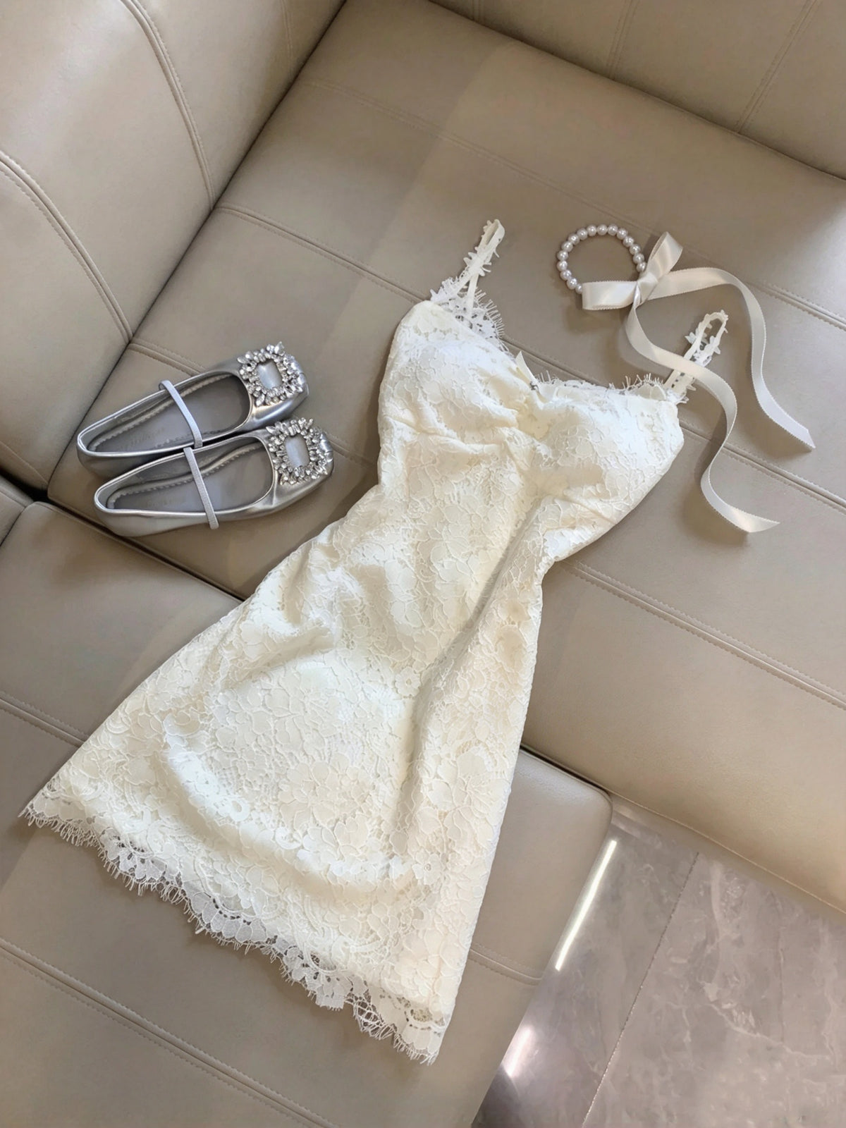 Delicate Ivory Spaghetti Straps Bow Lace Bodycon Short Homecoming Dress Birthday Dress With Floral Knit Lace Shrug Set AS3265