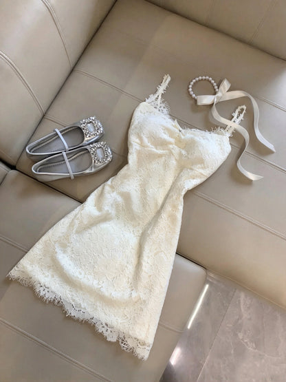 Delicate Ivory Spaghetti Straps Bow Lace Bodycon Short Homecoming Dress Birthday Dress With Floral Knit Lace Shrug Set AS3265