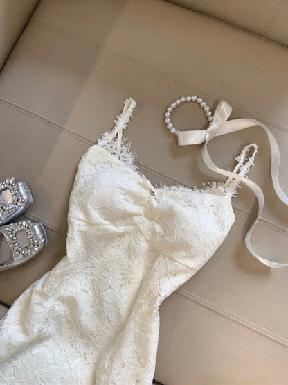 Delicate Ivory Spaghetti Straps Bow Lace Bodycon Short Homecoming Dress Birthday Dress With Floral Knit Lace Shrug Set AS3265