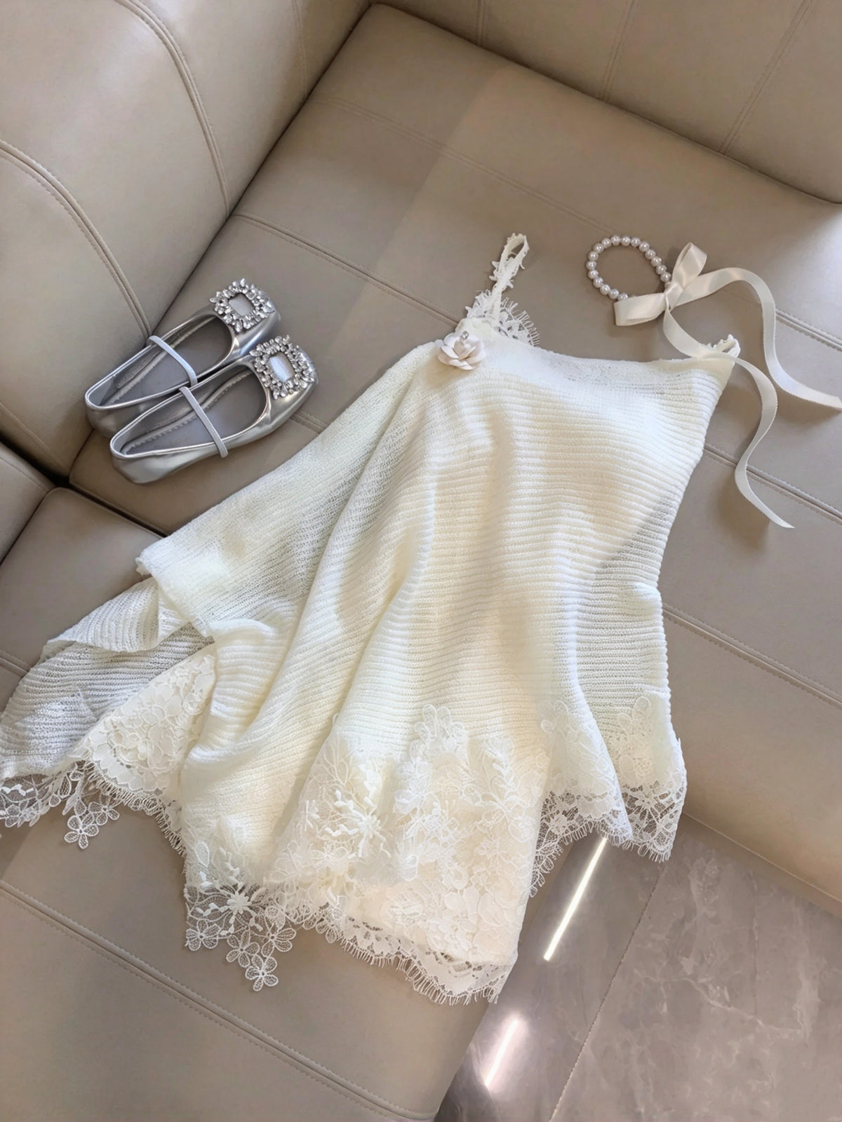 Delicate Ivory Spaghetti Straps Bow Lace Bodycon Short Homecoming Dress Birthday Dress With Floral Knit Lace Shrug Set AS3265