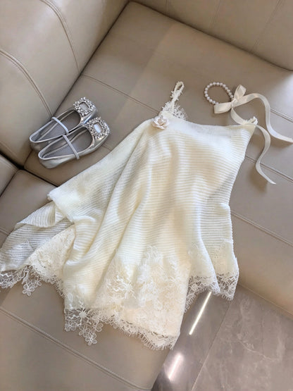 Delicate Ivory Spaghetti Straps Bow Lace Bodycon Short Homecoming Dress Birthday Dress With Floral Knit Lace Shrug Set AS3265